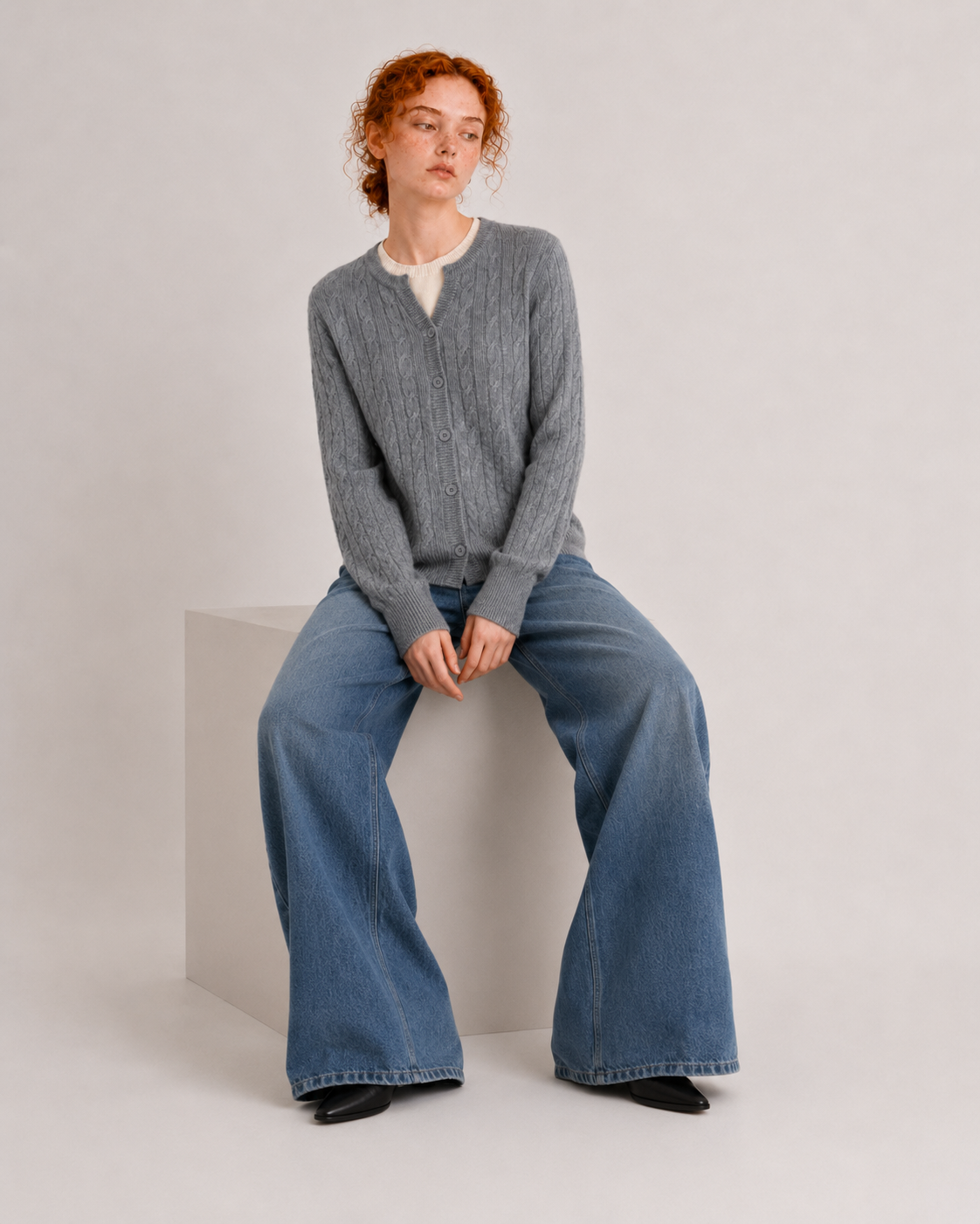 100% Australian Merino Wool Faux-Layered Cable-Knit Top