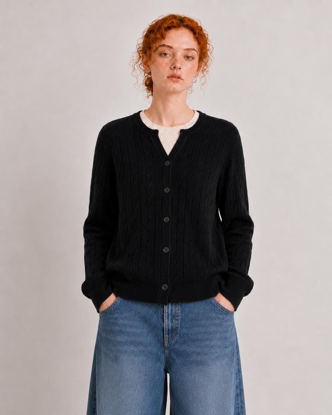 100% Australian Merino Wool Faux-Layered Cable-Knit Top