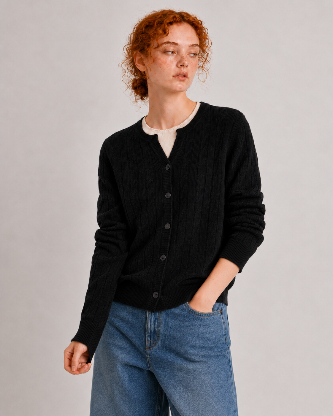 100% Australian Merino Wool Faux-Layered Cable-Knit Top