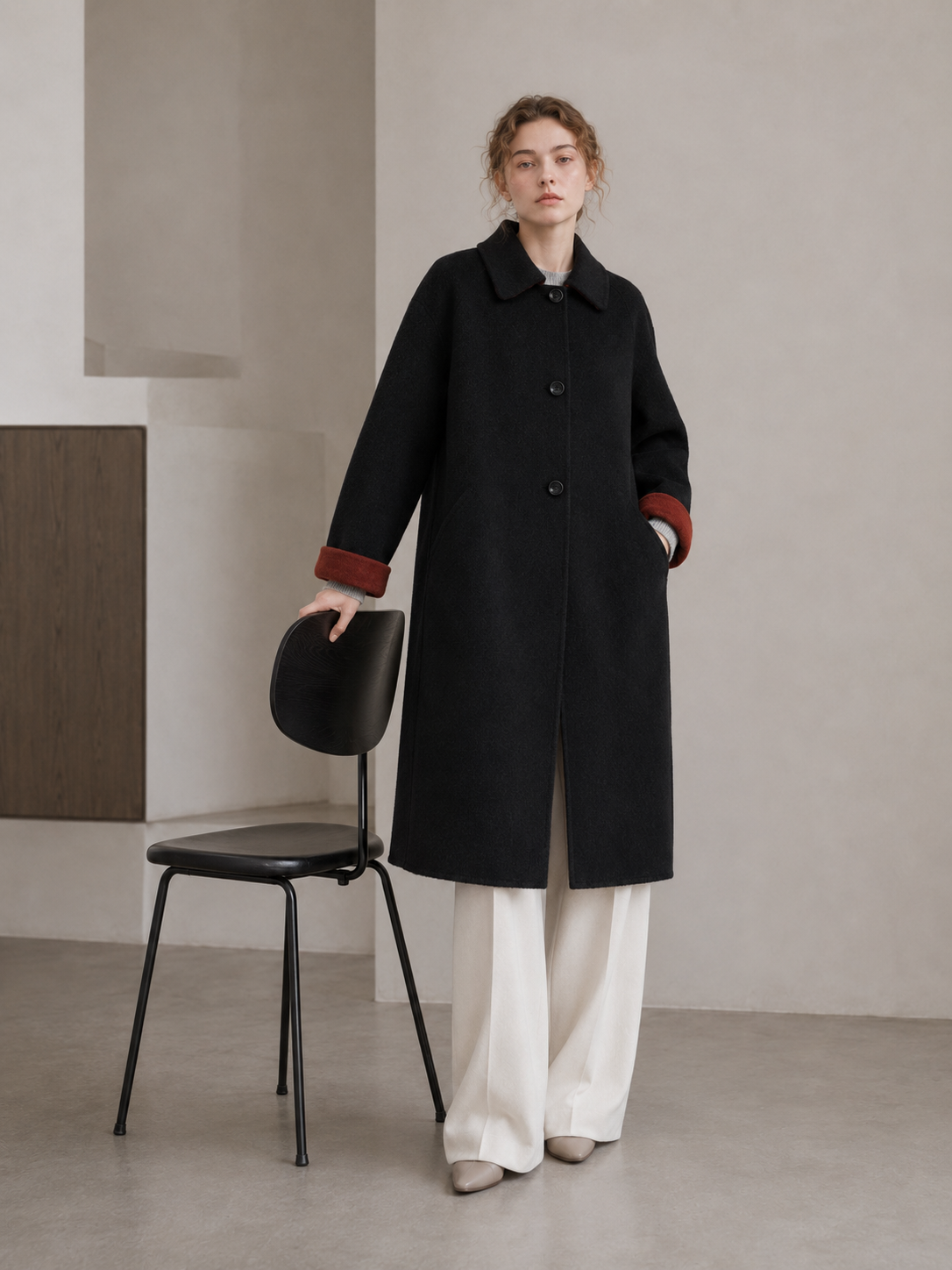 Black/Red, Brown/Dusty pink, Grey/Light grey - Two Tone Maxi Pointed Collar Mid-calf Length 100% wool coat