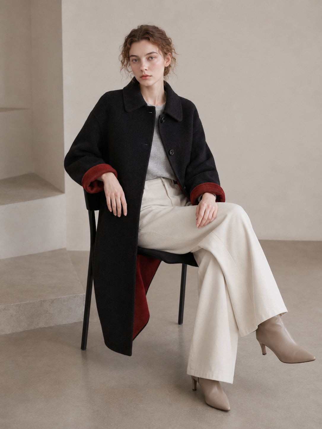 Black/Red, Brown/Dusty pink, Grey/Light grey - Two Tone Maxi Pointed Collar Mid-calf Length 100% wool coat