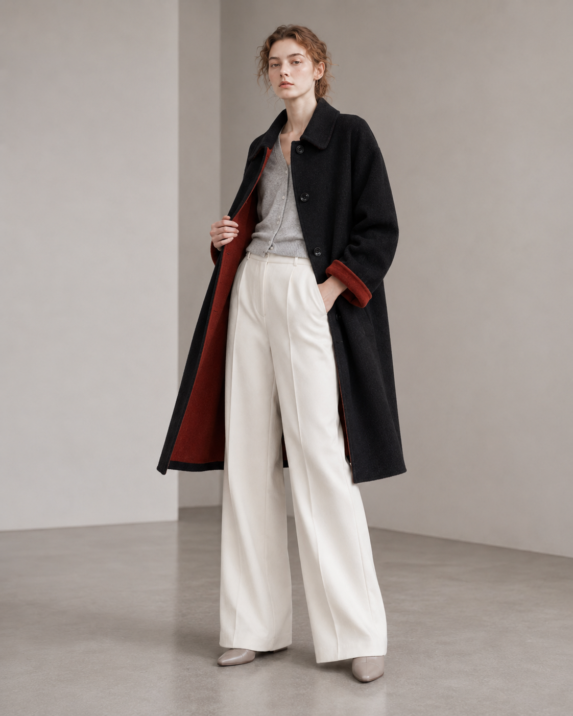 Black/Red, Brown/Dusty pink, Grey/Light grey - Two Tone Maxi Pointed Collar Mid-calf Length 100% wool coat