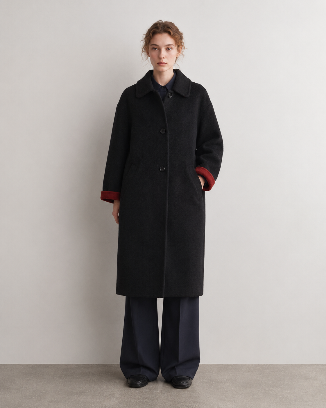 Black/Red, Brown/Dusty pink, Grey/Light grey - Two Tone Maxi Pointed Collar Mid-calf Length 100% wool coat