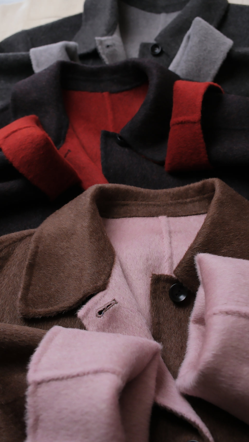 Black/Red, Brown/Dusty pink, Grey/Light grey - Two Tone Maxi Pointed Collar Mid-calf Length 100% wool coat
