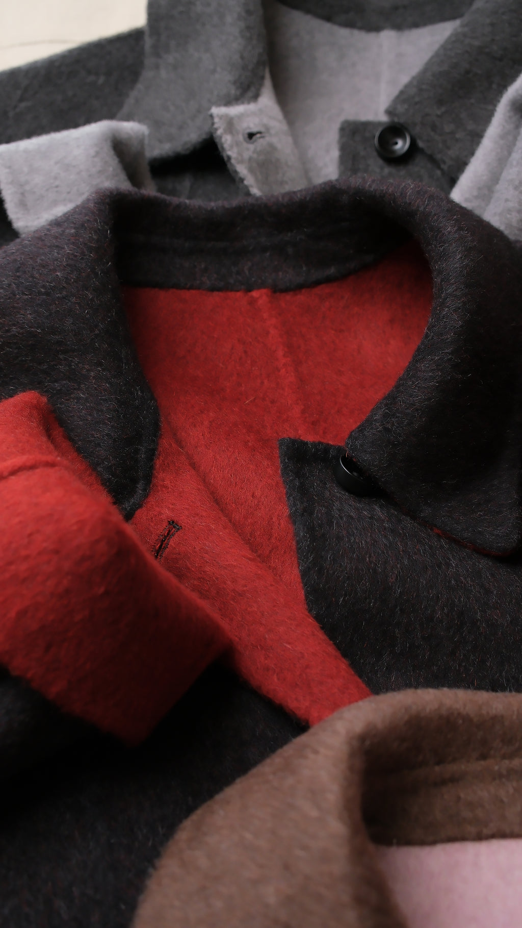 Black/Red, Brown/Dusty pink, Grey/Light grey - Two Tone Maxi Pointed Collar Mid-calf Length 100% wool coat