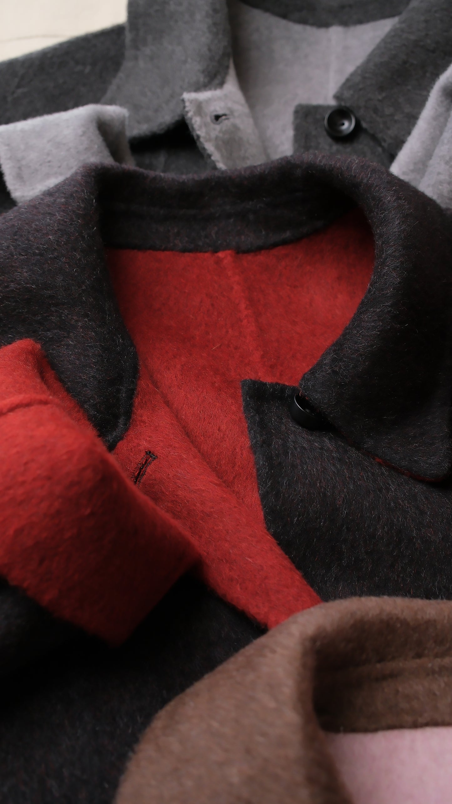 Black/Red, Brown/Dusty pink, Grey/Light grey - Two Tone Maxi Pointed Collar Mid-calf Length 100% wool coat