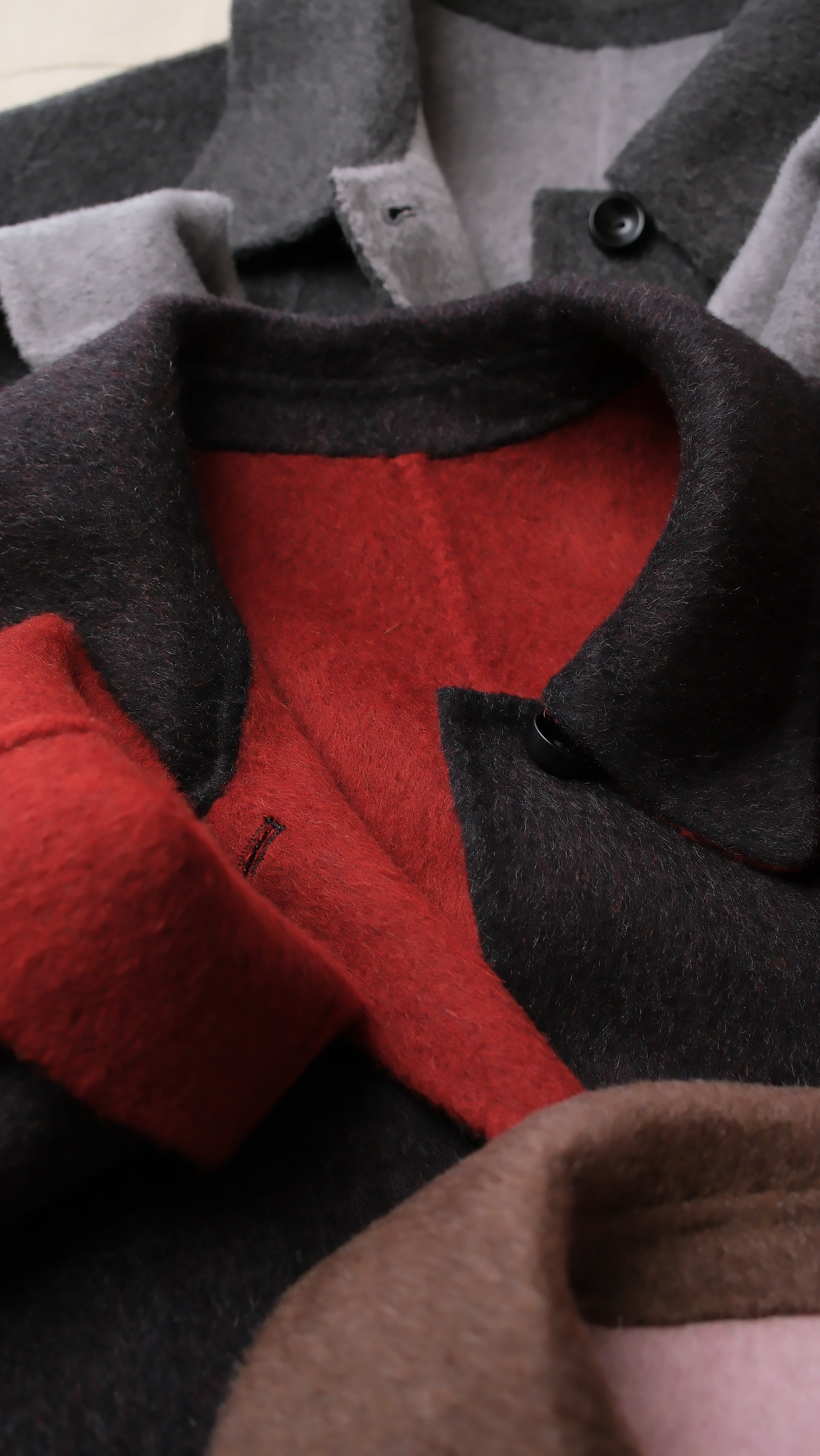 Black/Red, Brown/Dusty pink, Grey/Light grey - Two Tone Maxi Pointed Collar Mid-calf Length 100% wool coat