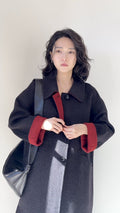 Black/Red, Brown/Dusty pink, Grey/Light grey - Two Tone Maxi Pointed Collar Mid-calf Length 100% wool coat