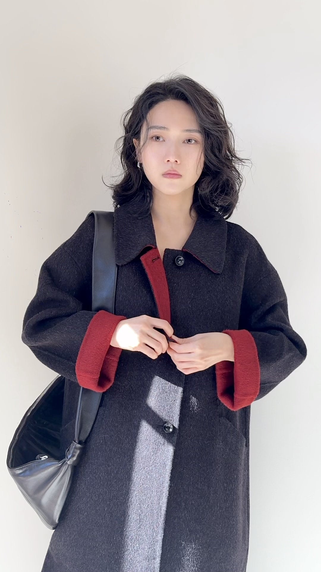 Black/Red, Brown/Dusty pink, Grey/Light grey - Two Tone Maxi Pointed Collar Mid-calf Length 100% wool coat
