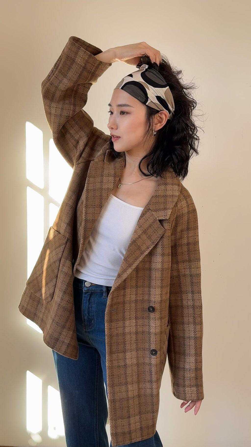 Relaxed Silhouette Mid-length 100% Wool Coat, Brown Plaid