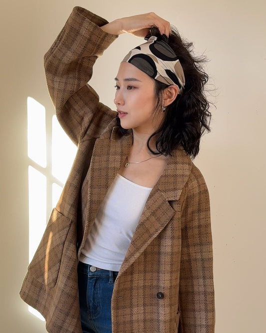 Relaxed Silhouette Mid-length 100% Wool Coat, Brown Plaid