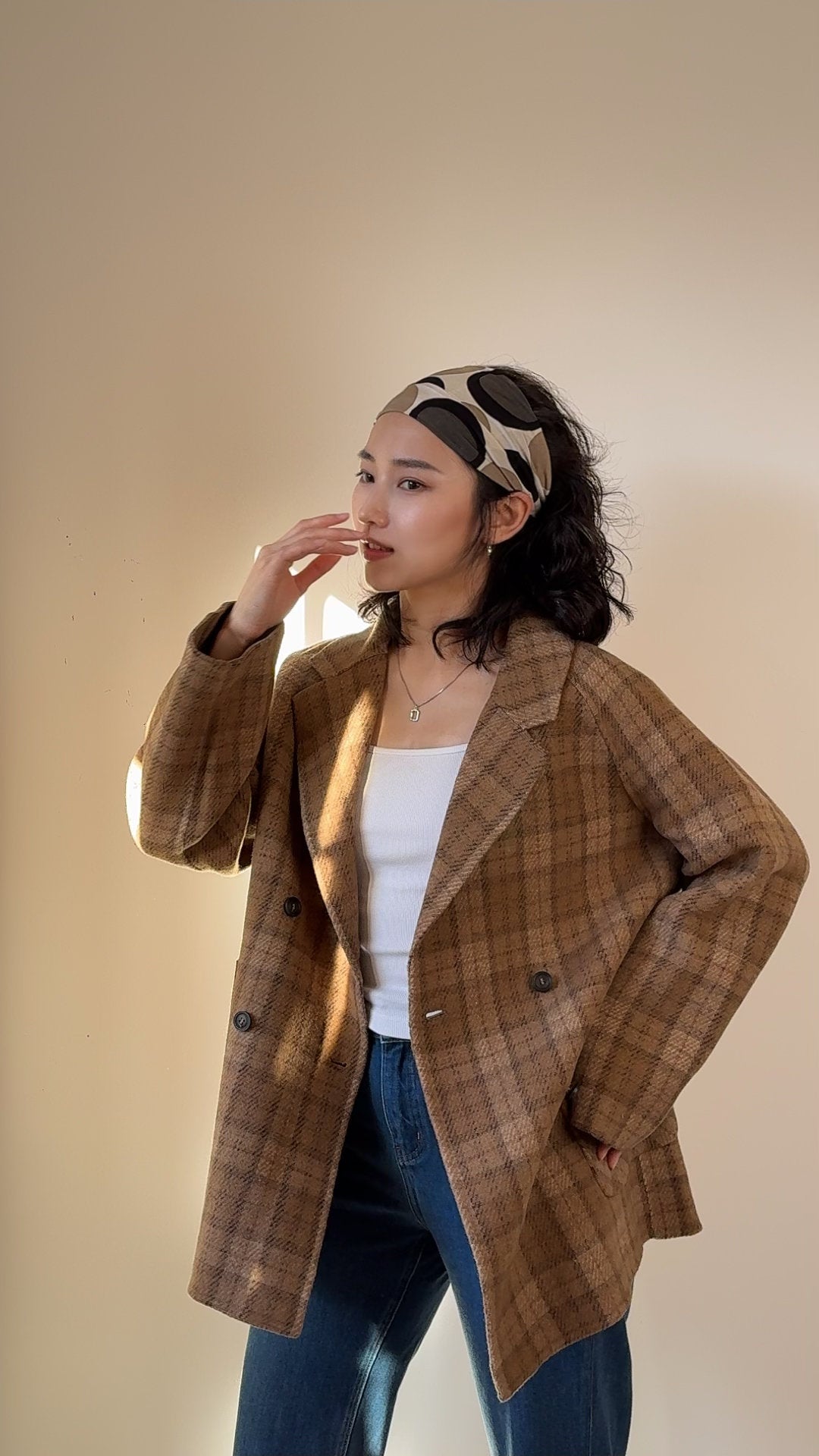 Relaxed Silhouette Mid-length 100% Wool Coat, Brown Plaid