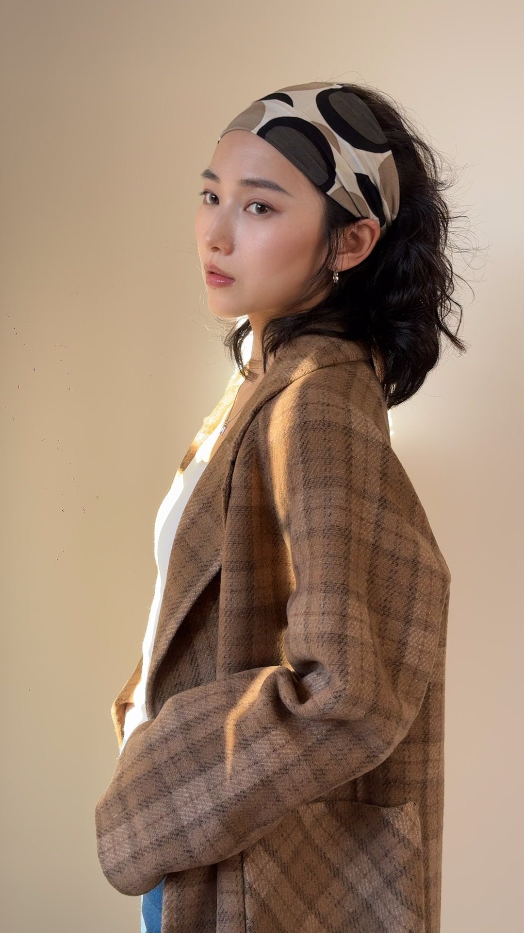 Relaxed Silhouette Mid-length 100% Wool Coat, Brown Plaid