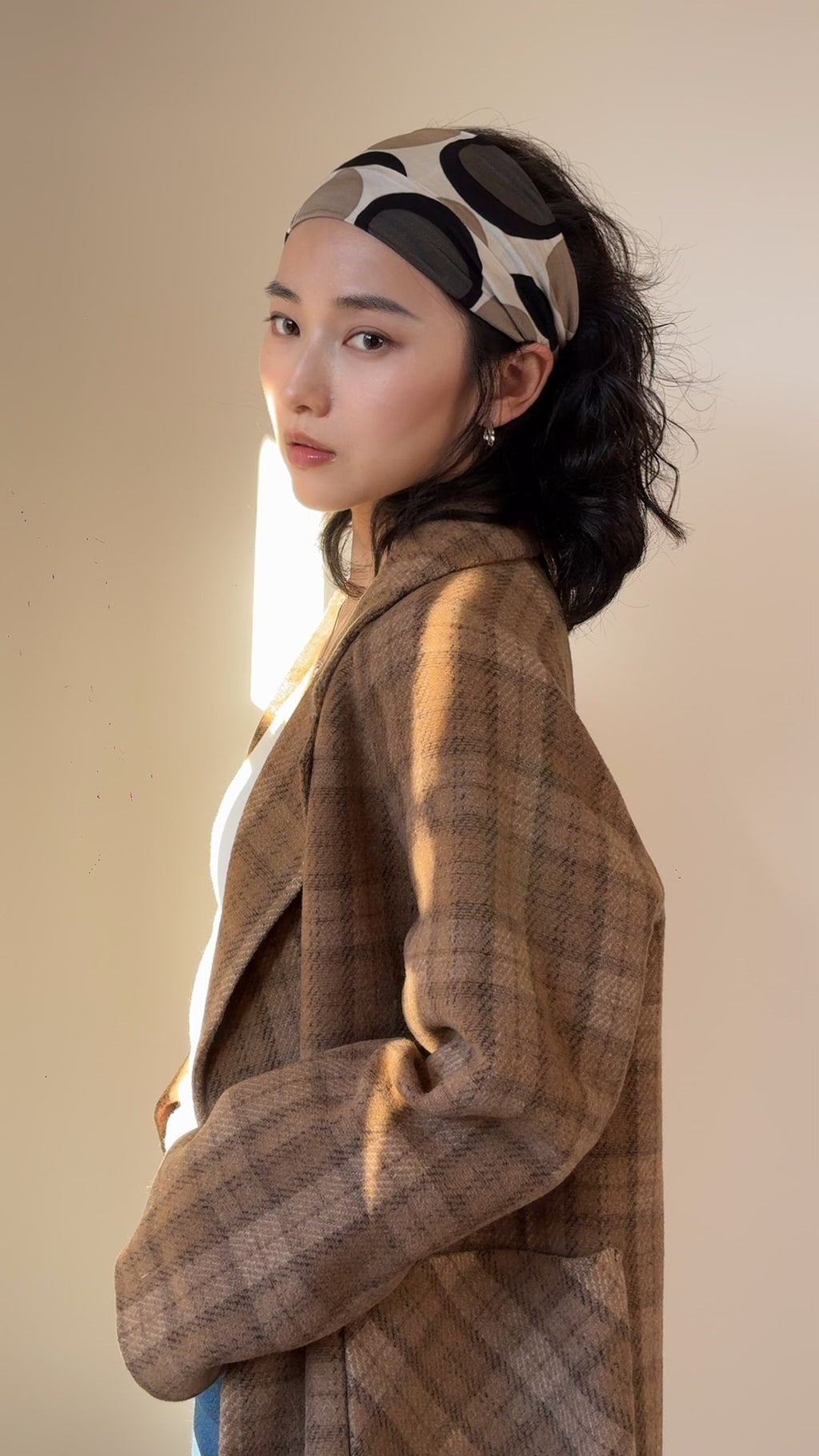 Relaxed Silhouette Mid-length 100% Wool Coat, Brown Plaid