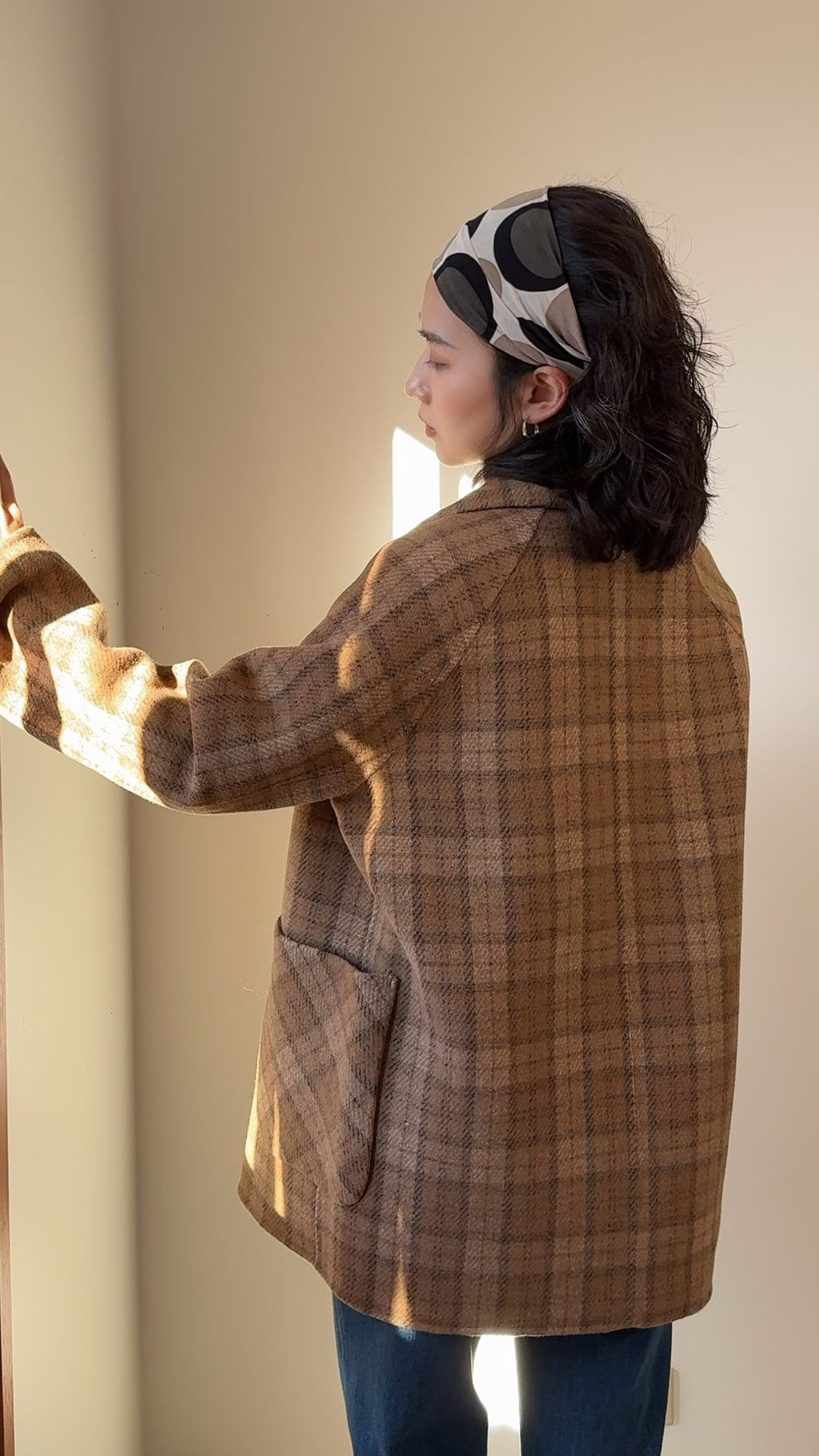 Relaxed Silhouette Mid-length 100% Wool Coat, Brown Plaid