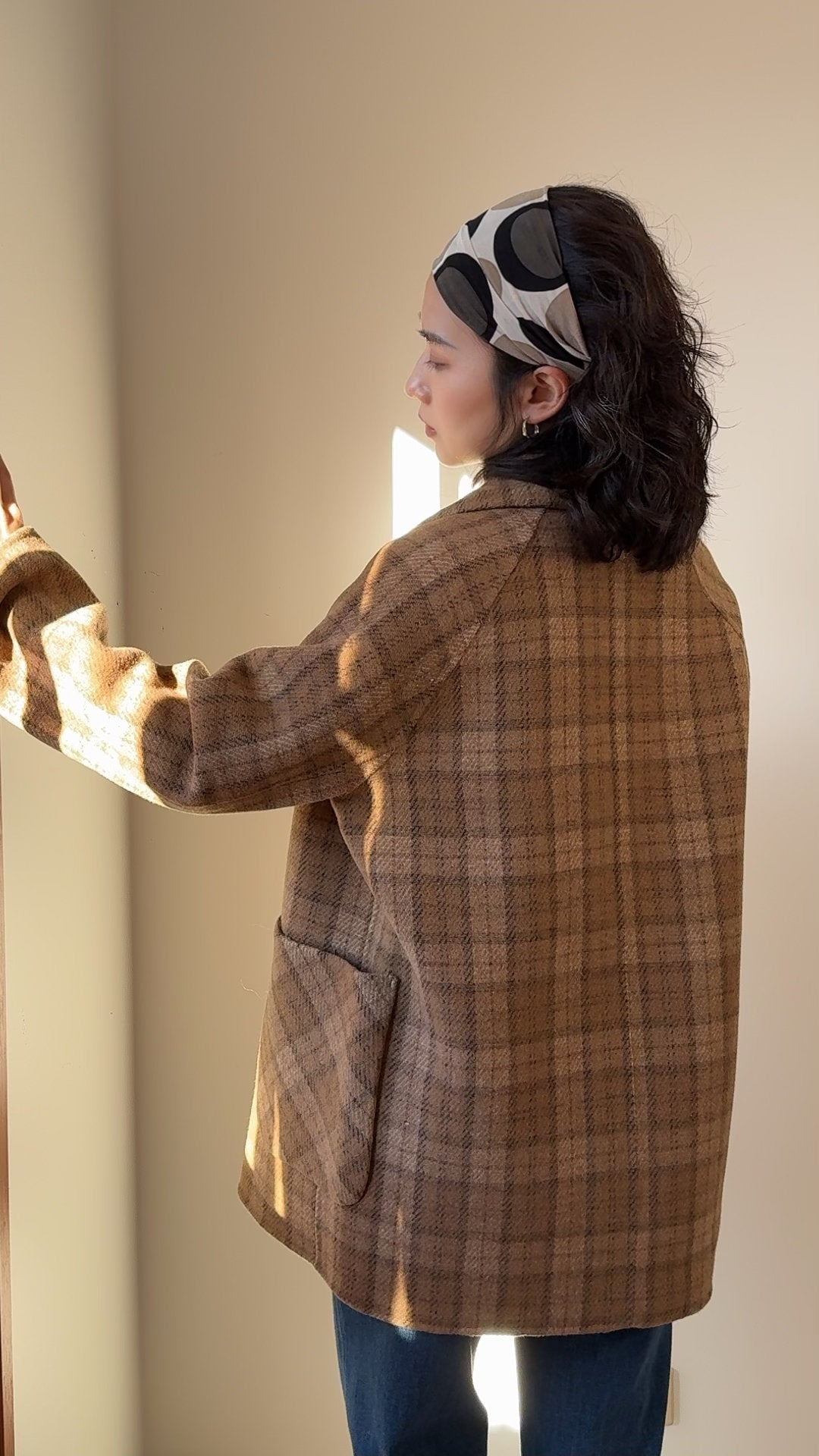 Relaxed Silhouette Mid-length 100% Wool Coat, Brown Plaid