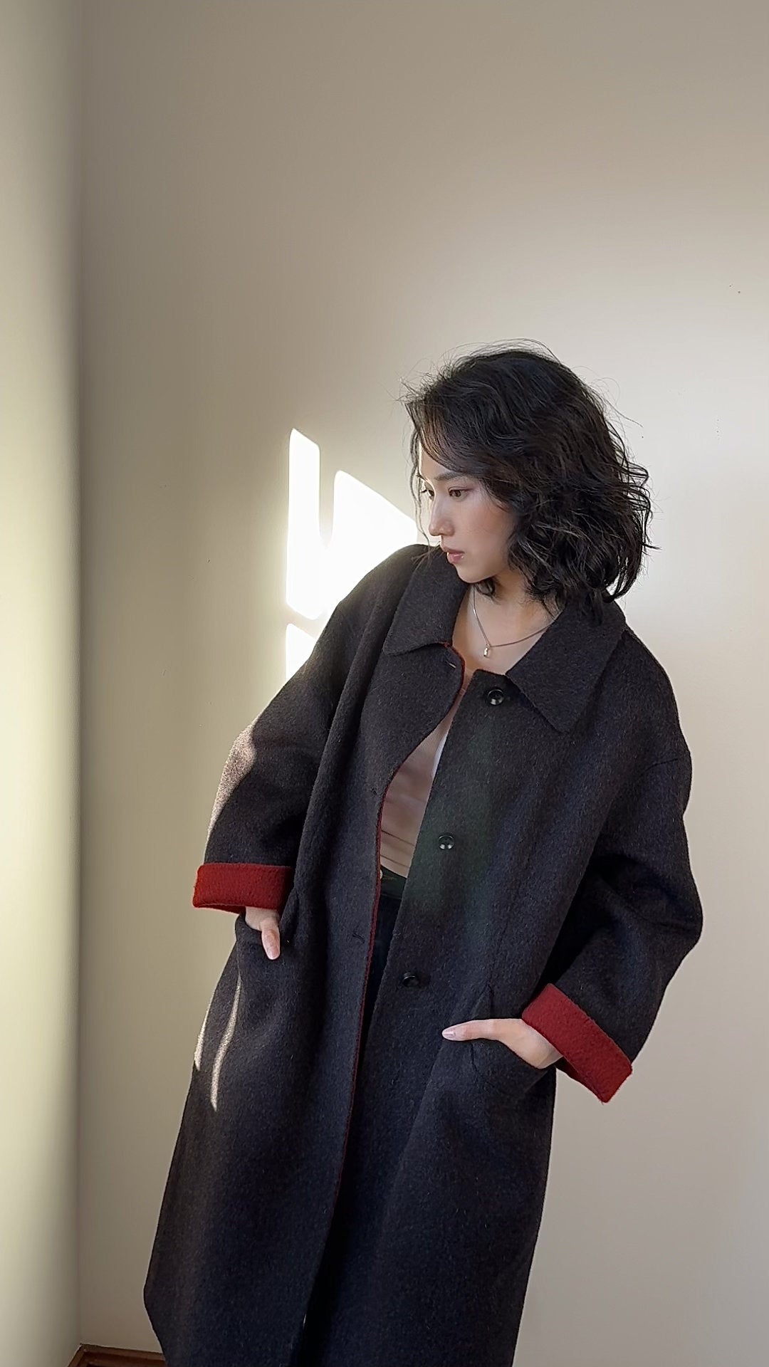 Black/Red, Brown/Dusty pink, Grey/Light grey - Two Tone Maxi Pointed Collar Mid-calf Length 100% wool coat