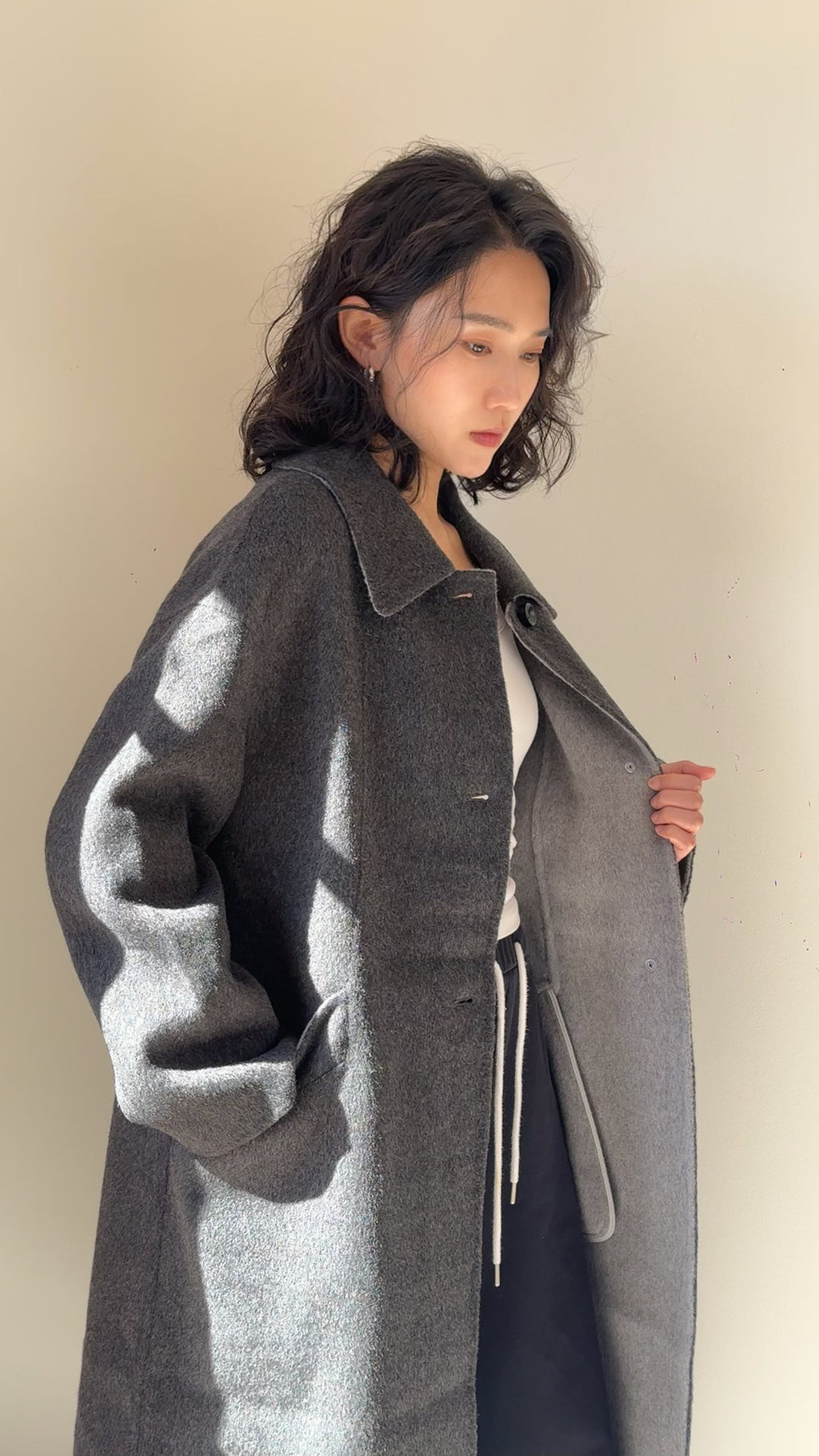 Black/Red, Brown/Dusty pink, Grey/Light grey - Two Tone Maxi Pointed Collar Mid-calf Length 100% wool coat