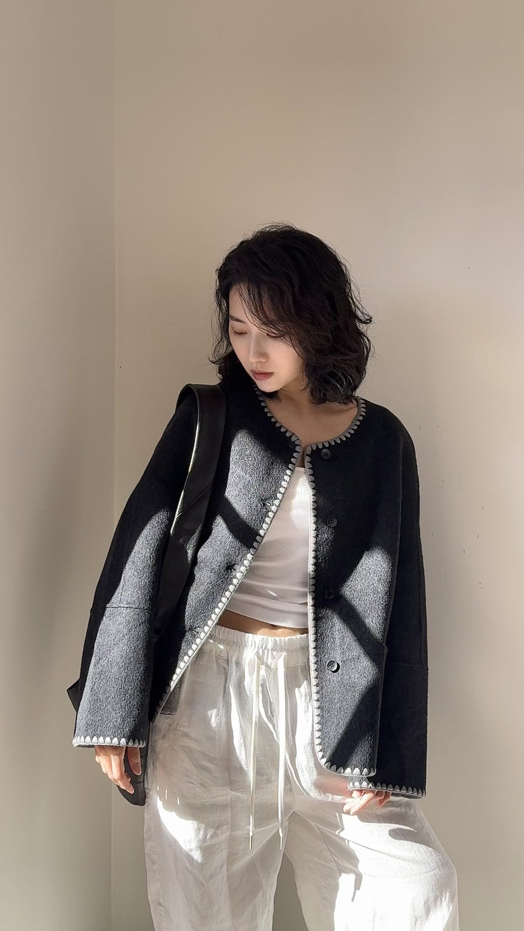 Grey/Dusty pink, Grey/Light grey, Double-Faced Wool Coat Jacket, Cropped Round Neck Coat, Soft Minimalist Wool Jacket, Oversized Short Coat, Chic Winter Outerwear