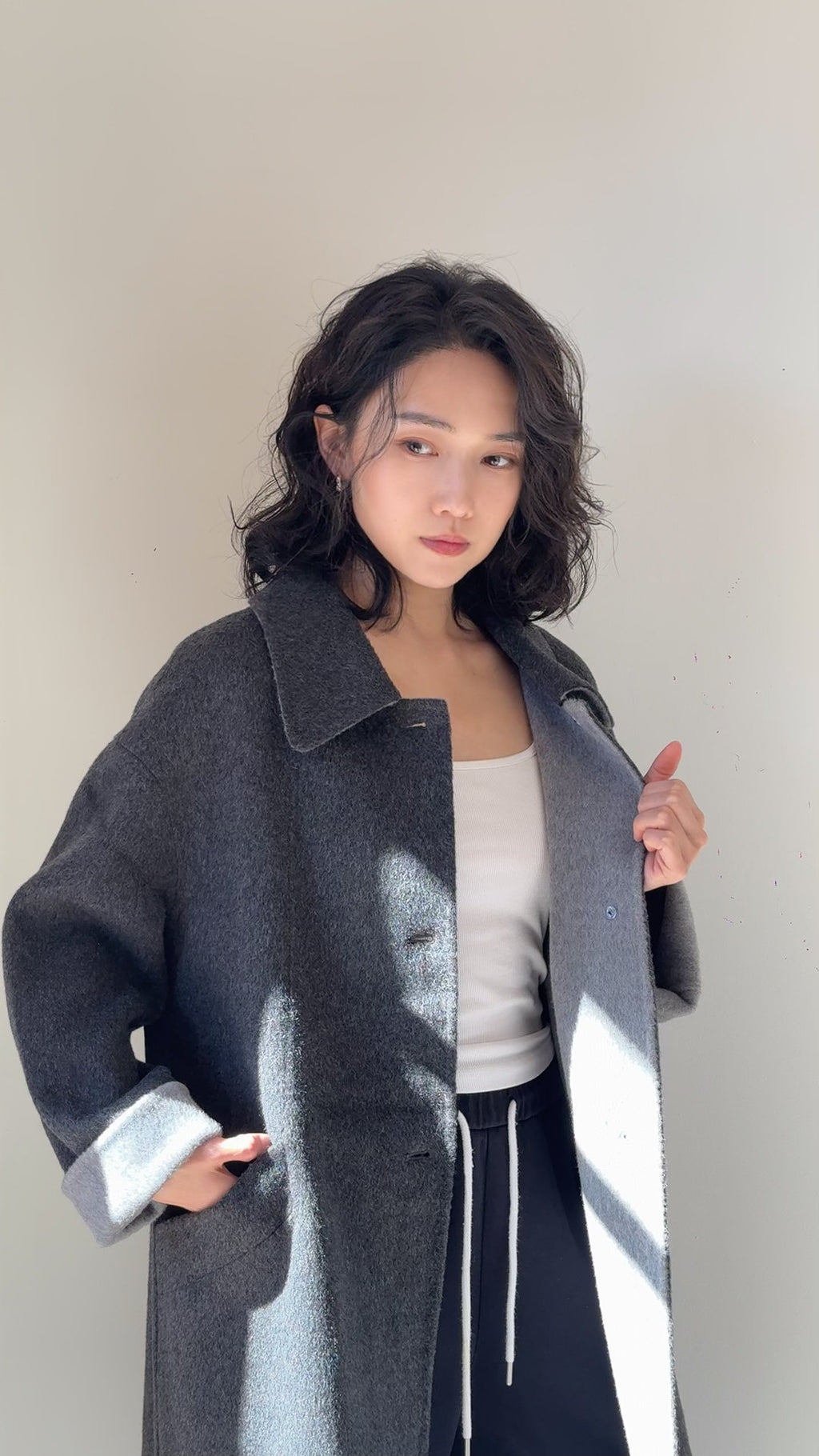 Black/Red, Brown/Dusty pink, Grey/Light grey - Two Tone Maxi Pointed Collar Mid-calf Length 100% wool coat