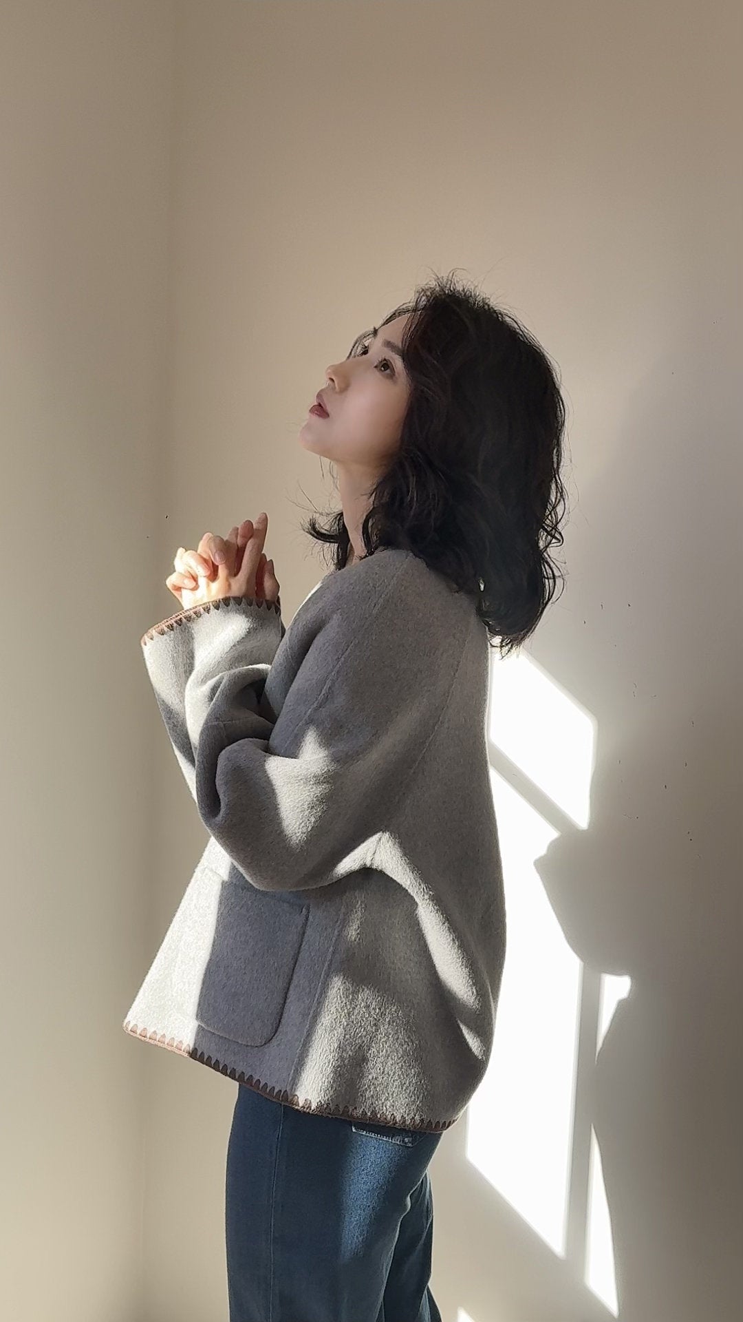 Grey/Dusty pink, Grey/Light grey, Double-Faced Wool Coat Jacket, Cropped Round Neck Coat, Soft Minimalist Wool Jacket, Oversized Short Coat, Chic Winter Outerwear