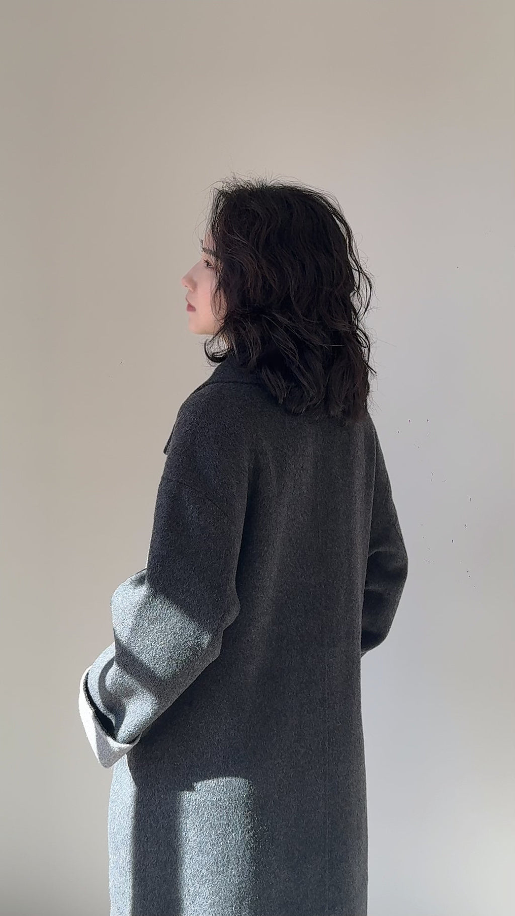 Black/Red, Brown/Dusty pink, Grey/Light grey - Two Tone Maxi Pointed Collar Mid-calf Length 100% wool coat
