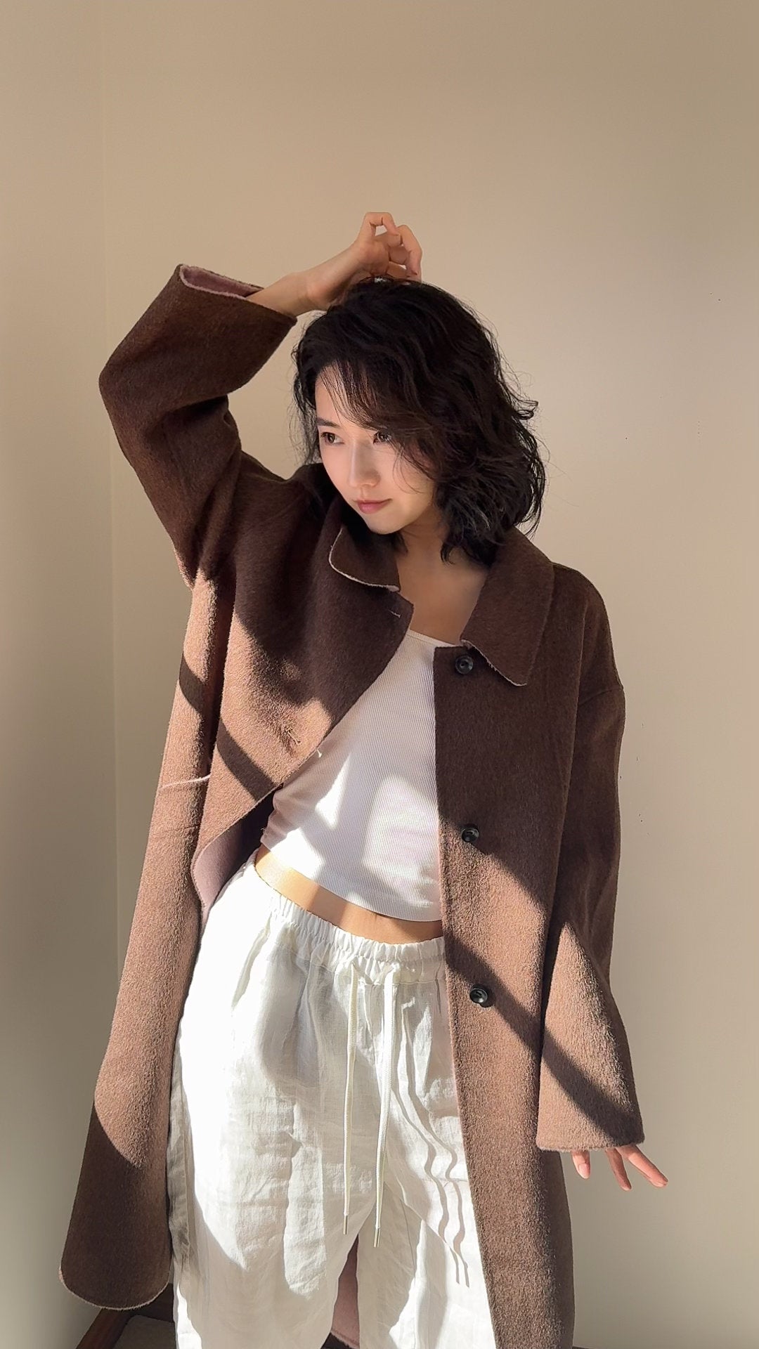 Black/Red, Brown/Dusty pink, Grey/Light grey - Two Tone Maxi Pointed Collar Mid-calf Length 100% wool coat