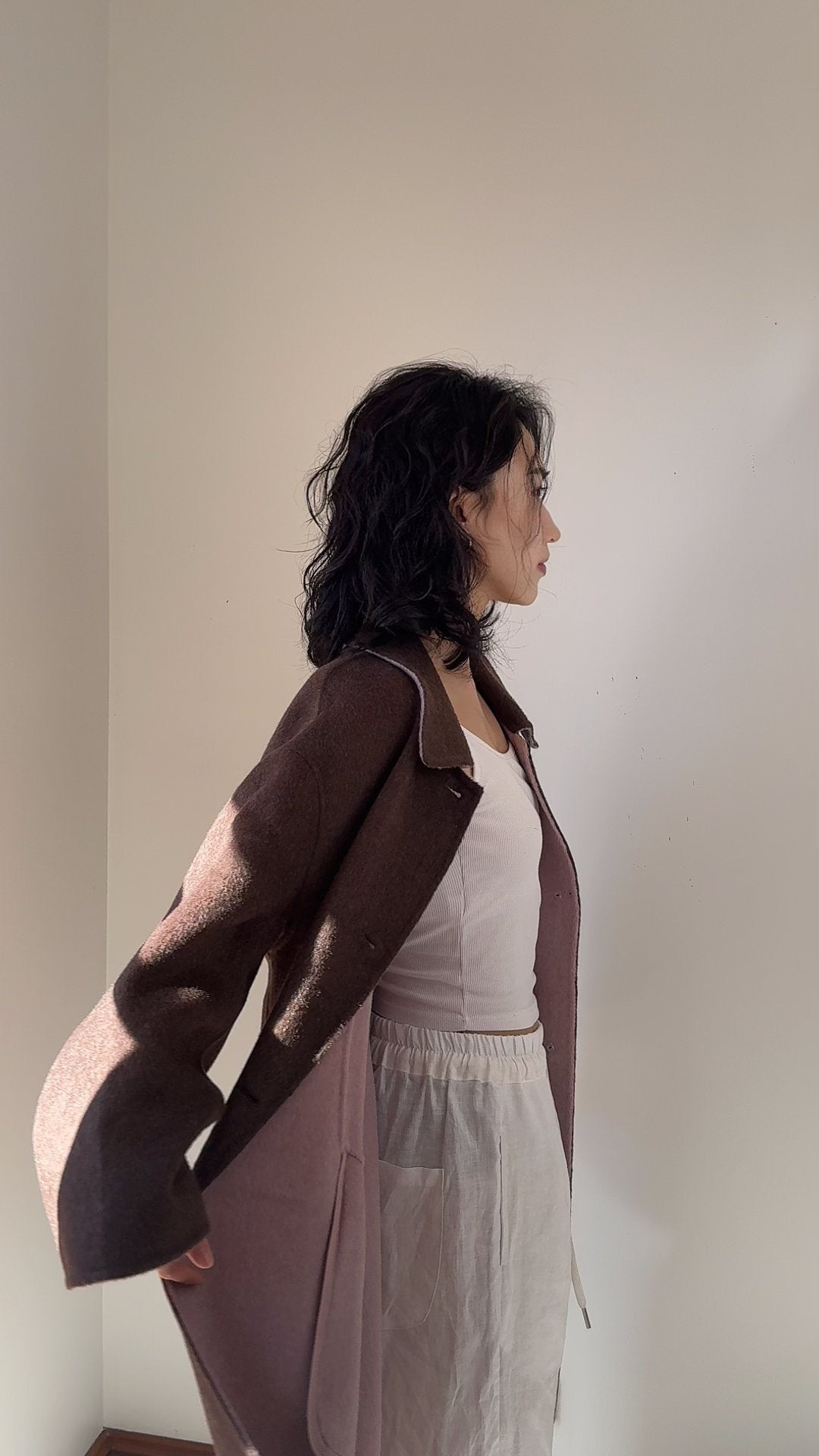 Black/Red, Brown/Dusty pink, Grey/Light grey - Two Tone Maxi Pointed Collar Mid-calf Length 100% wool coat