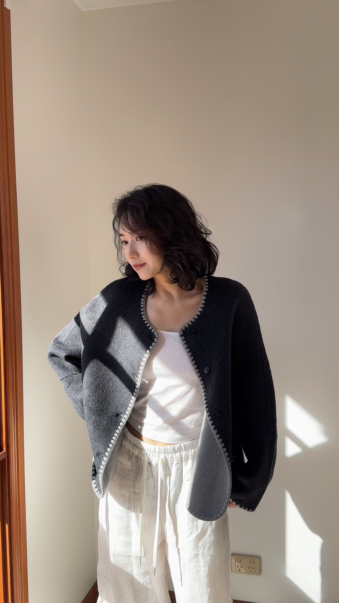 Grey/Dusty pink, Grey/Light grey, Double-Faced Wool Coat Jacket, Cropped Round Neck Coat, Soft Minimalist Wool Jacket, Oversized Short Coat, Chic Winter Outerwear