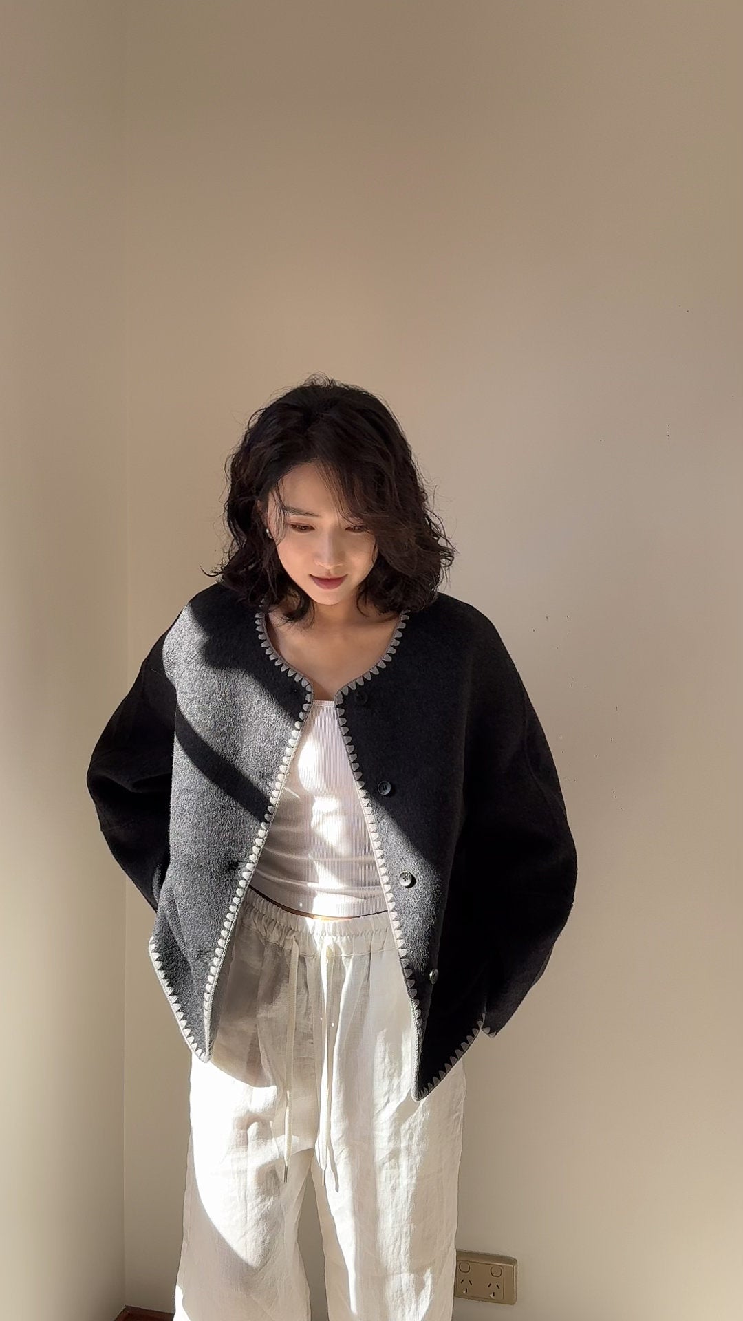 Grey/Dusty pink, Grey/Light grey, Double-Faced Wool Coat Jacket, Cropped Round Neck Coat, Soft Minimalist Wool Jacket, Oversized Short Coat, Chic Winter Outerwear