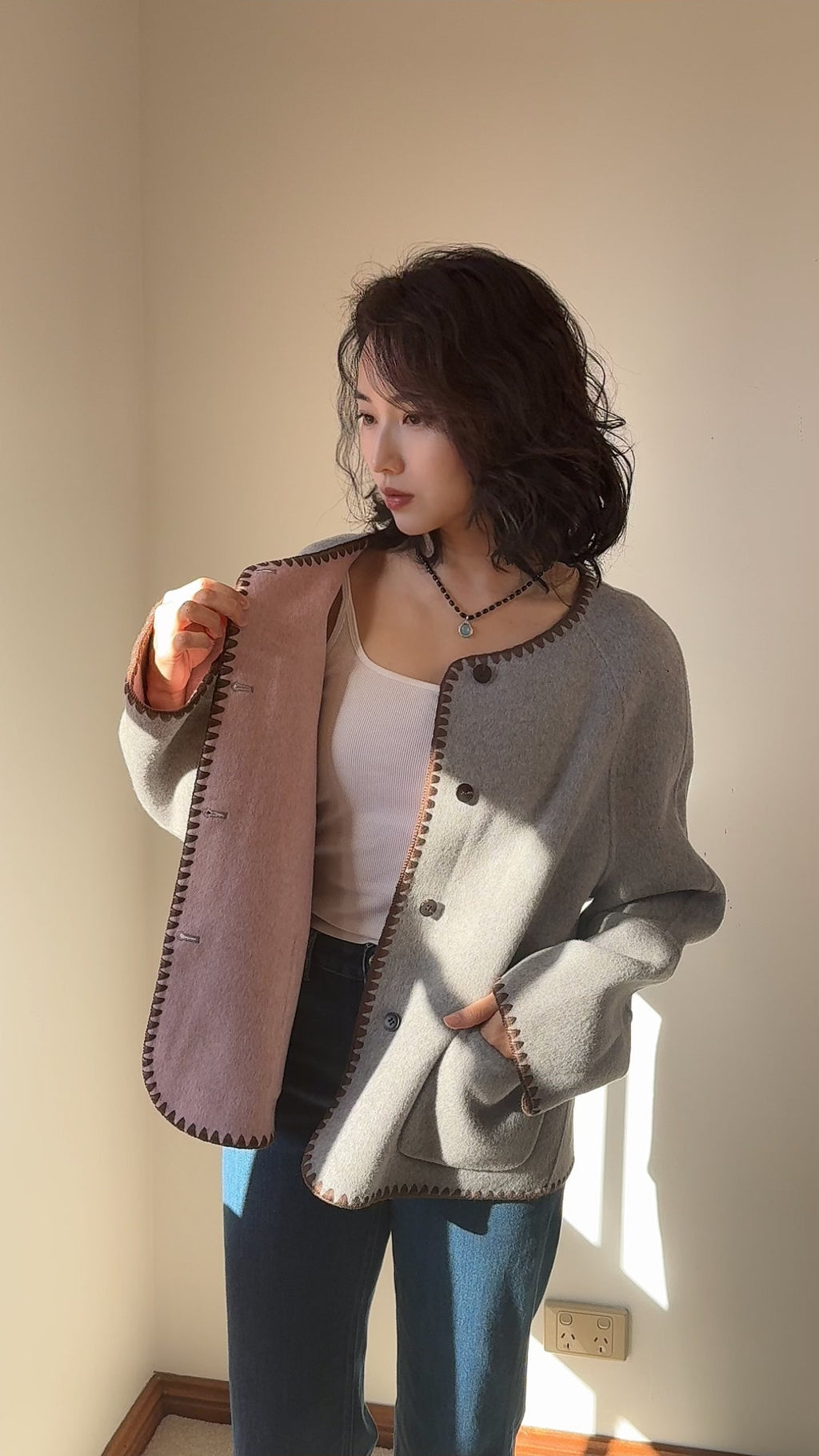 Grey/Dusty pink, Grey/Light grey, Double-Faced Wool Coat Jacket, Cropped Round Neck Coat, Soft Minimalist Wool Jacket, Oversized Short Coat, Chic Winter Outerwear