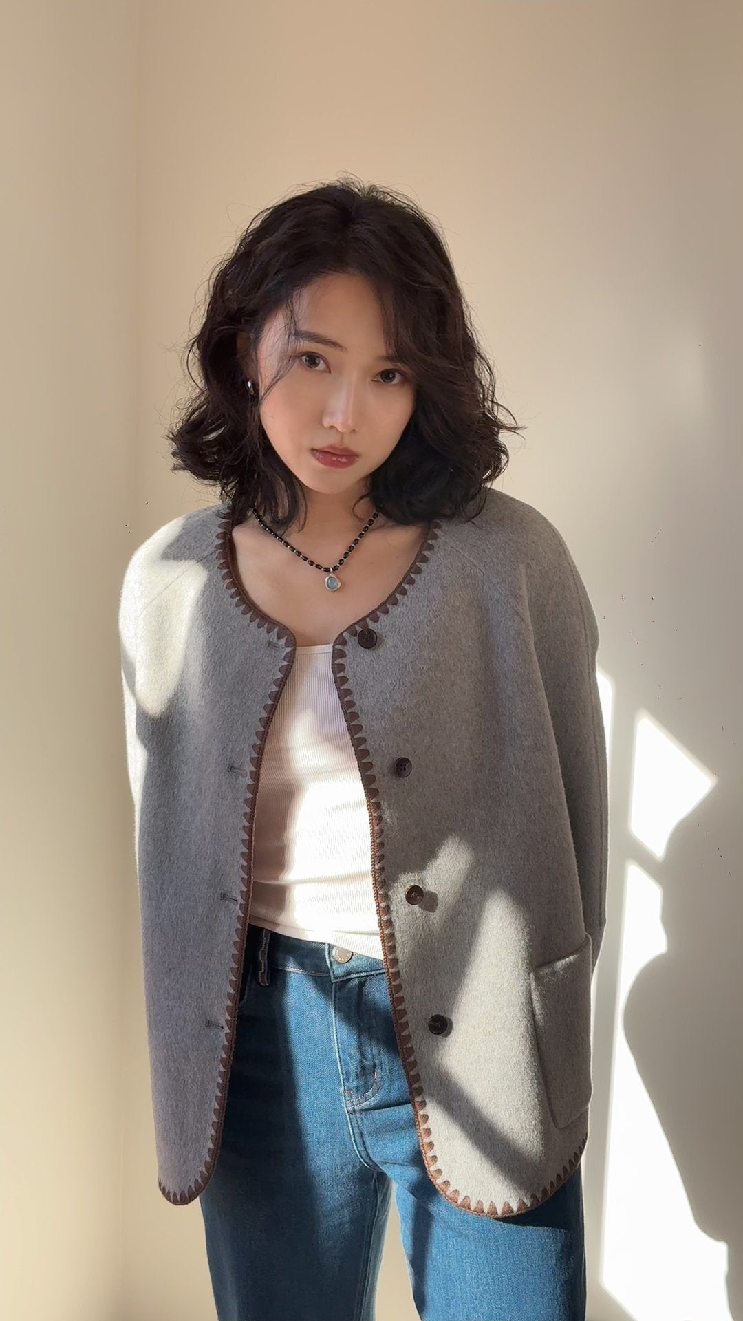 Grey/Dusty pink, Grey/Light grey, Double-Faced Wool Coat Jacket, Cropped Round Neck Coat, Soft Minimalist Wool Jacket, Oversized Short Coat, Chic Winter Outerwear