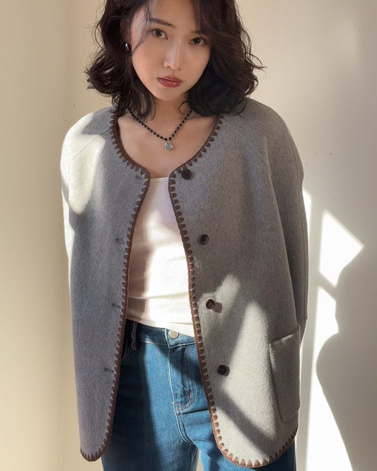 Grey/Dusty pink, Grey/Light grey, Double-Faced Wool Coat Jacket, Cropped Round Neck Coat, Soft Minimalist Wool Jacket, Oversized Short Coat, Chic Winter Outerwear