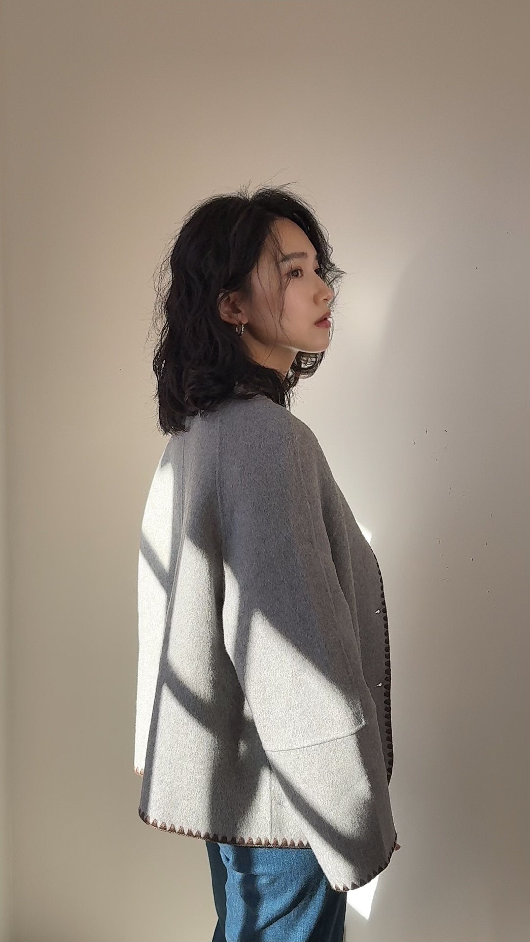 Grey/Dusty pink, Grey/Light grey, Double-Faced Wool Coat Jacket, Cropped Round Neck Coat, Soft Minimalist Wool Jacket, Oversized Short Coat, Chic Winter Outerwear