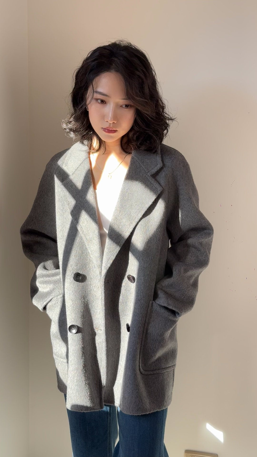 Grey Double Breasted Wool Blazer Coat, Tailored Minimalist Winter Jacket