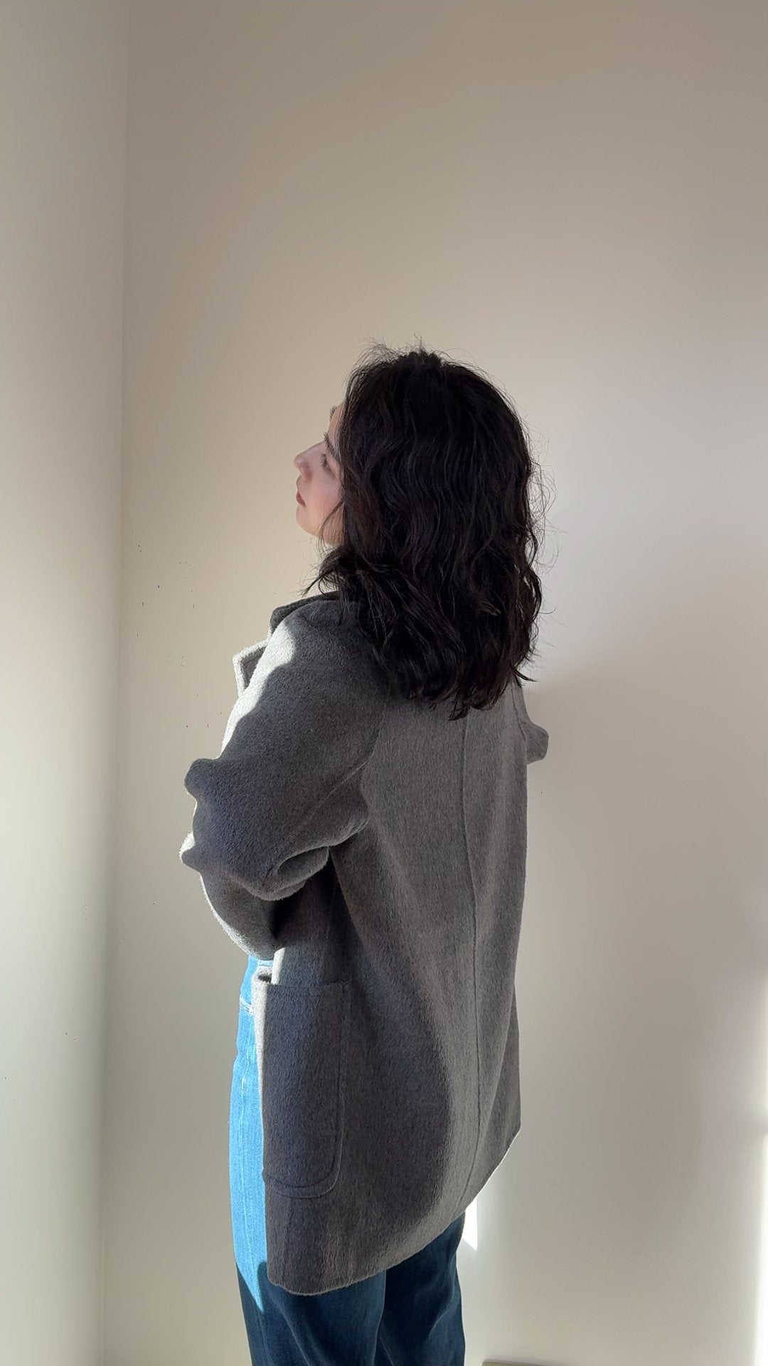 Grey Double Breasted Wool Blazer Coat, Tailored Minimalist Winter Jacket