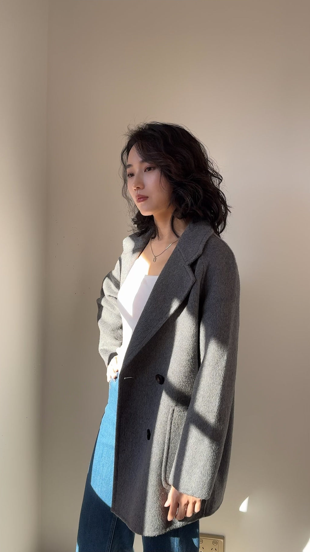 Grey Double Breasted Wool Blazer Coat, Tailored Minimalist Winter Jacket