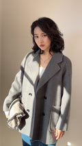 Grey Double Breasted Wool Blazer Coat, Tailored Minimalist Winter Jacket