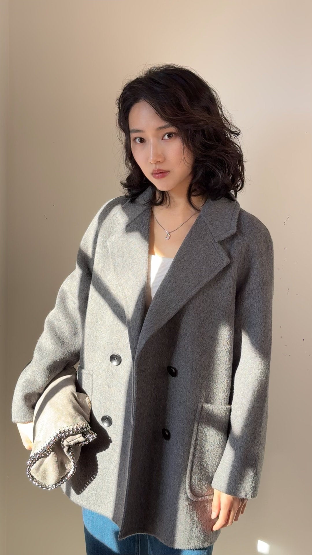 Grey Double Breasted Wool Blazer Coat, Tailored Minimalist Winter Jacket