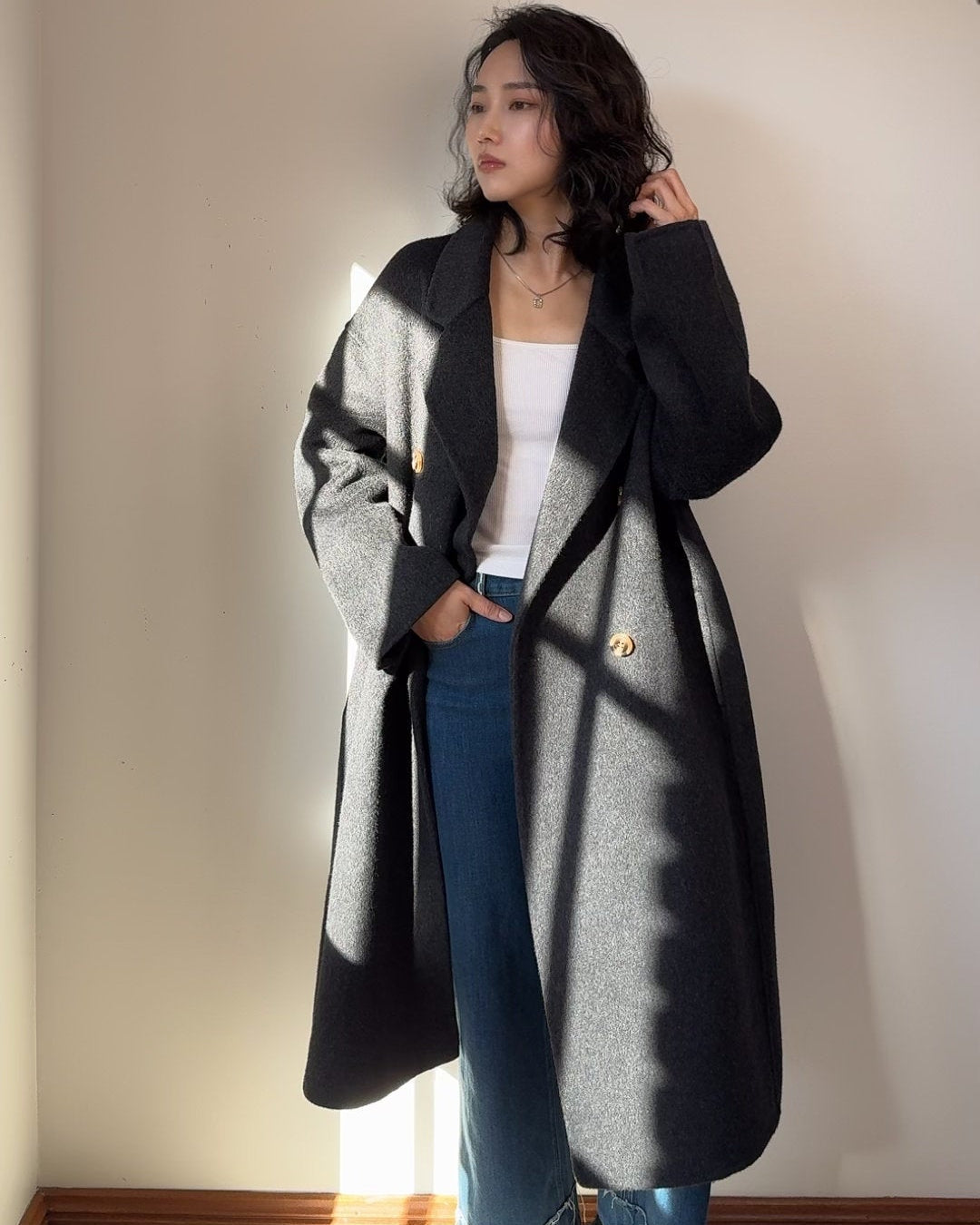 100% Wool Double Breasted Grey Coat Unisex, Oversized Long Tailored Winter Overcoat