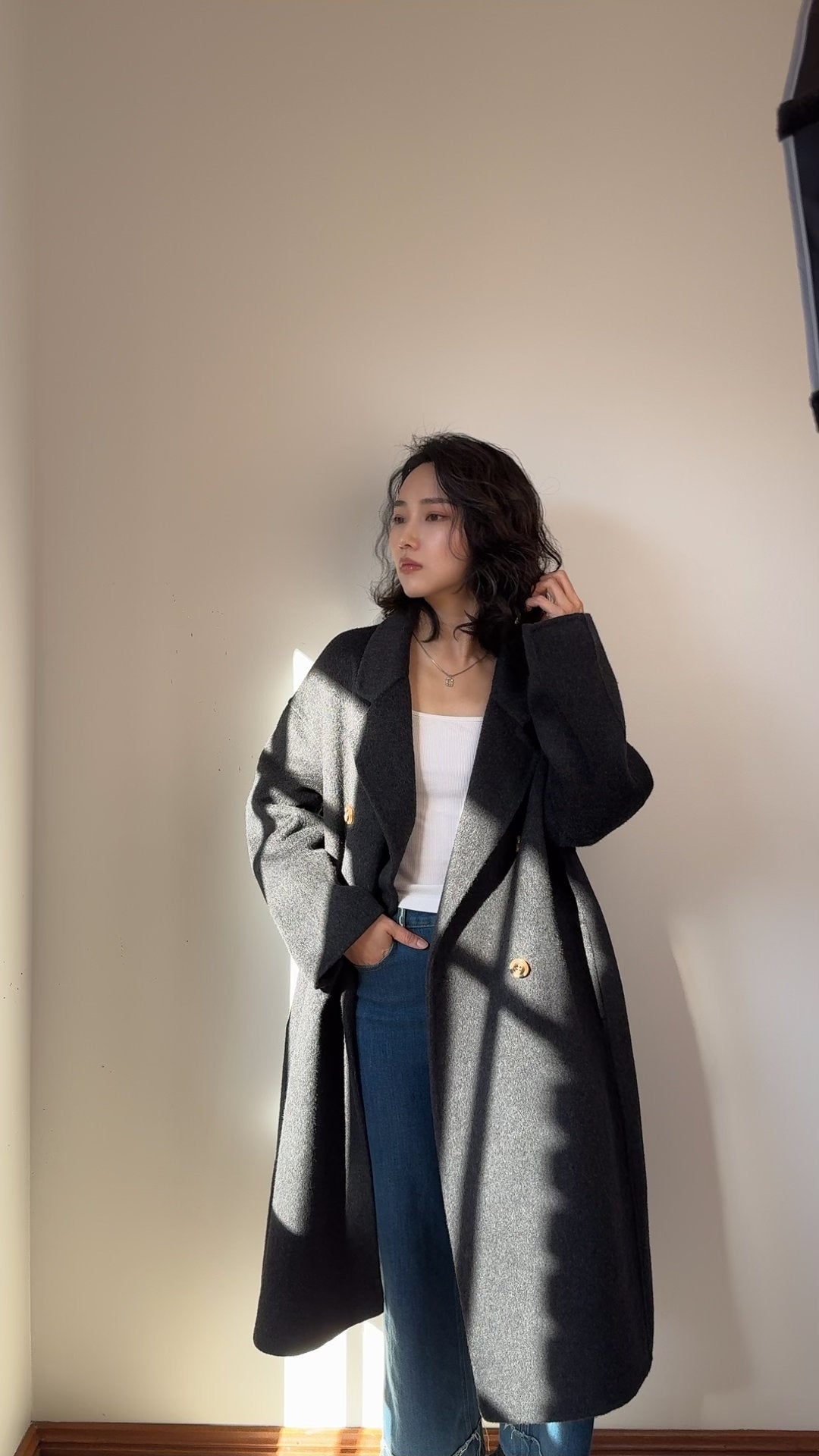 100% Wool Double Breasted Grey Coat Unisex, Oversized Long Tailored Winter Overcoat