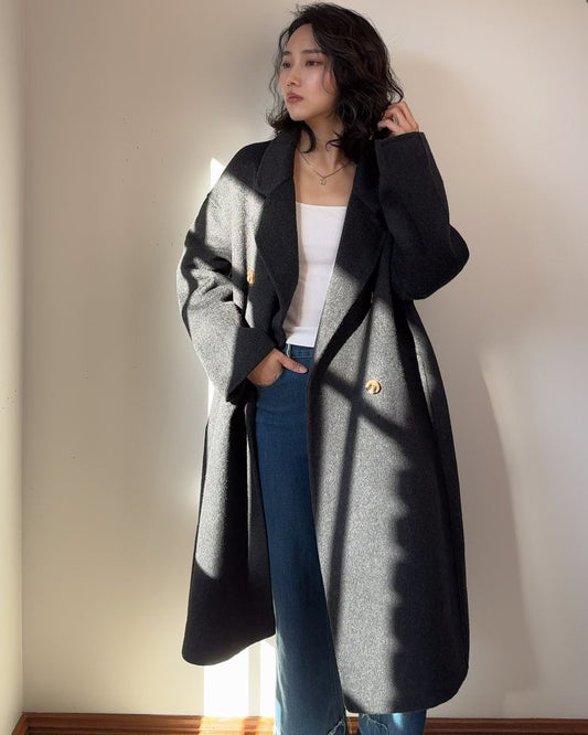 100% Wool Double Breasted Grey Coat Unisex, Oversized Long Tailored Winter Overcoat