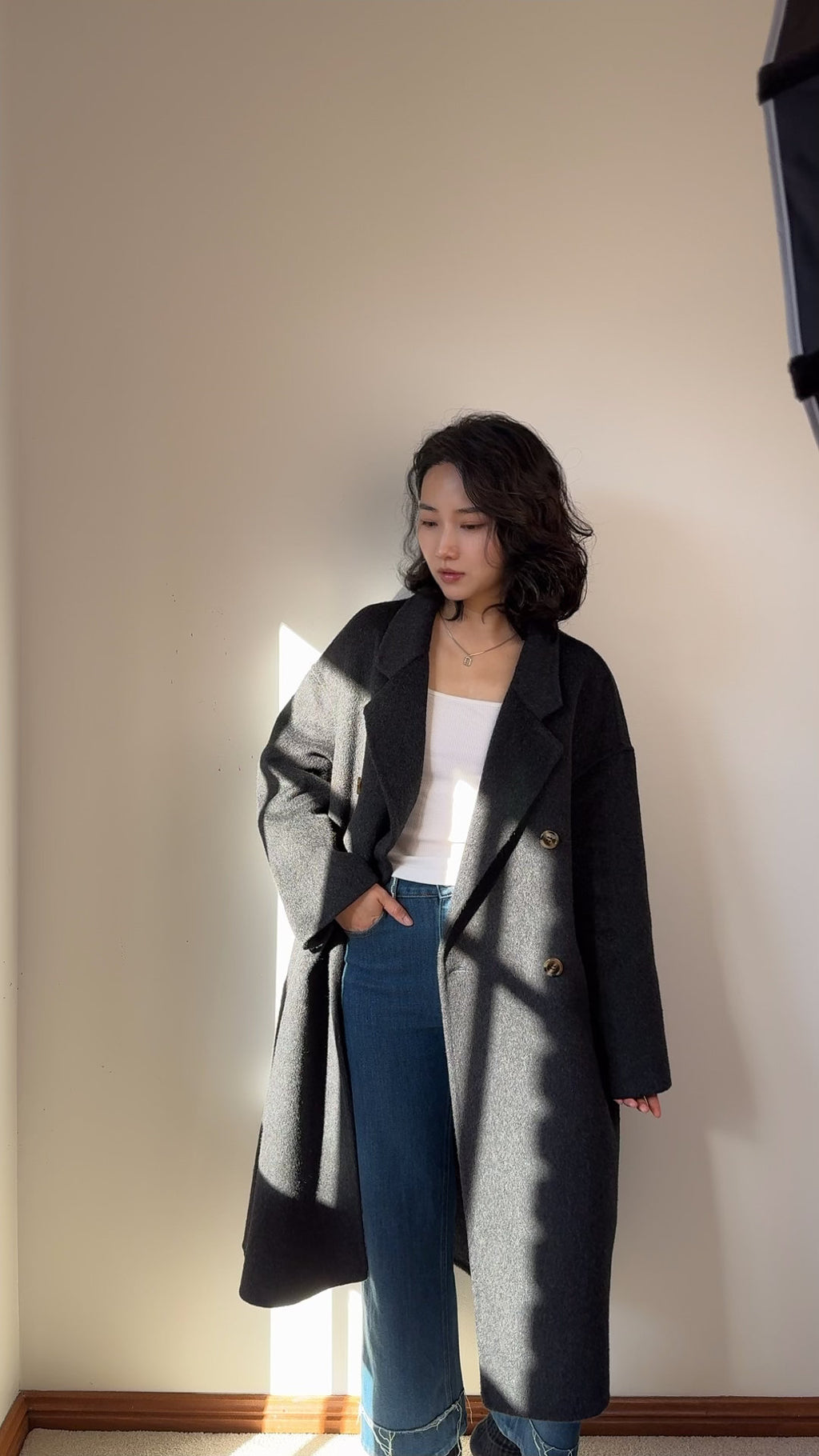 100% Wool Double Breasted Grey Coat Unisex, Oversized Long Tailored Winter Overcoat