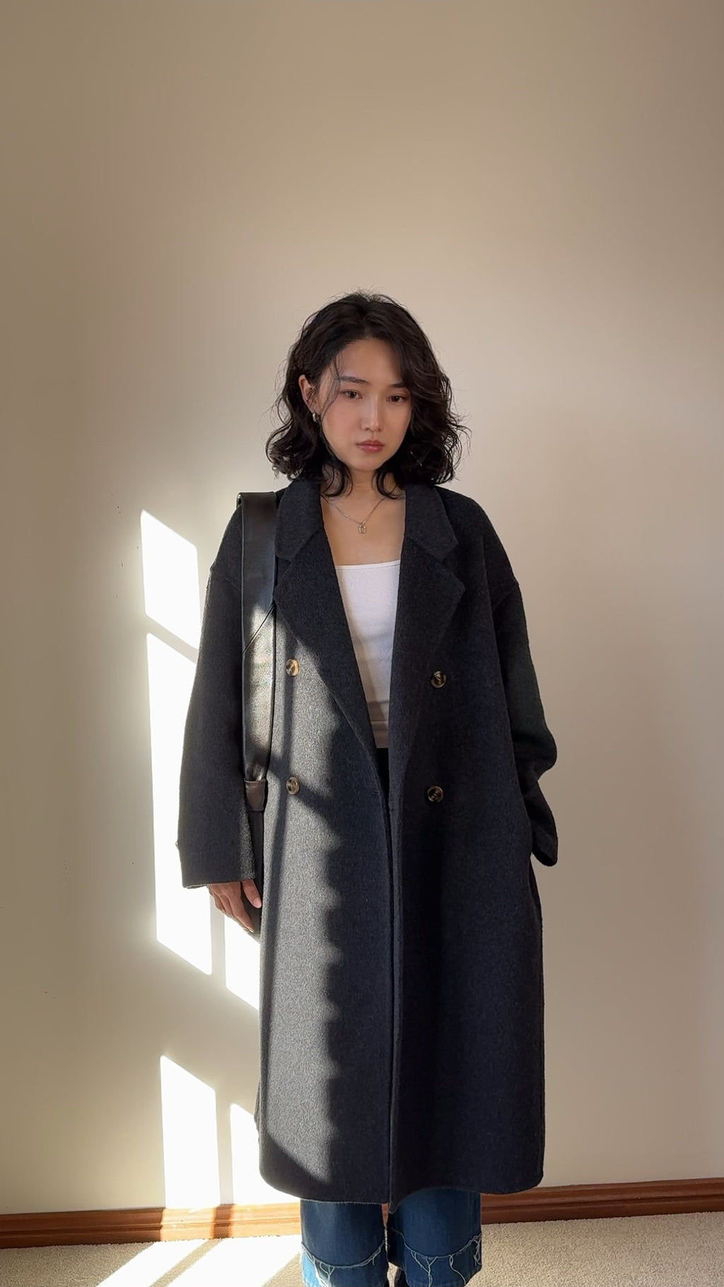 100% Wool Double Breasted Grey Coat Unisex, Oversized Long Tailored Winter Overcoat