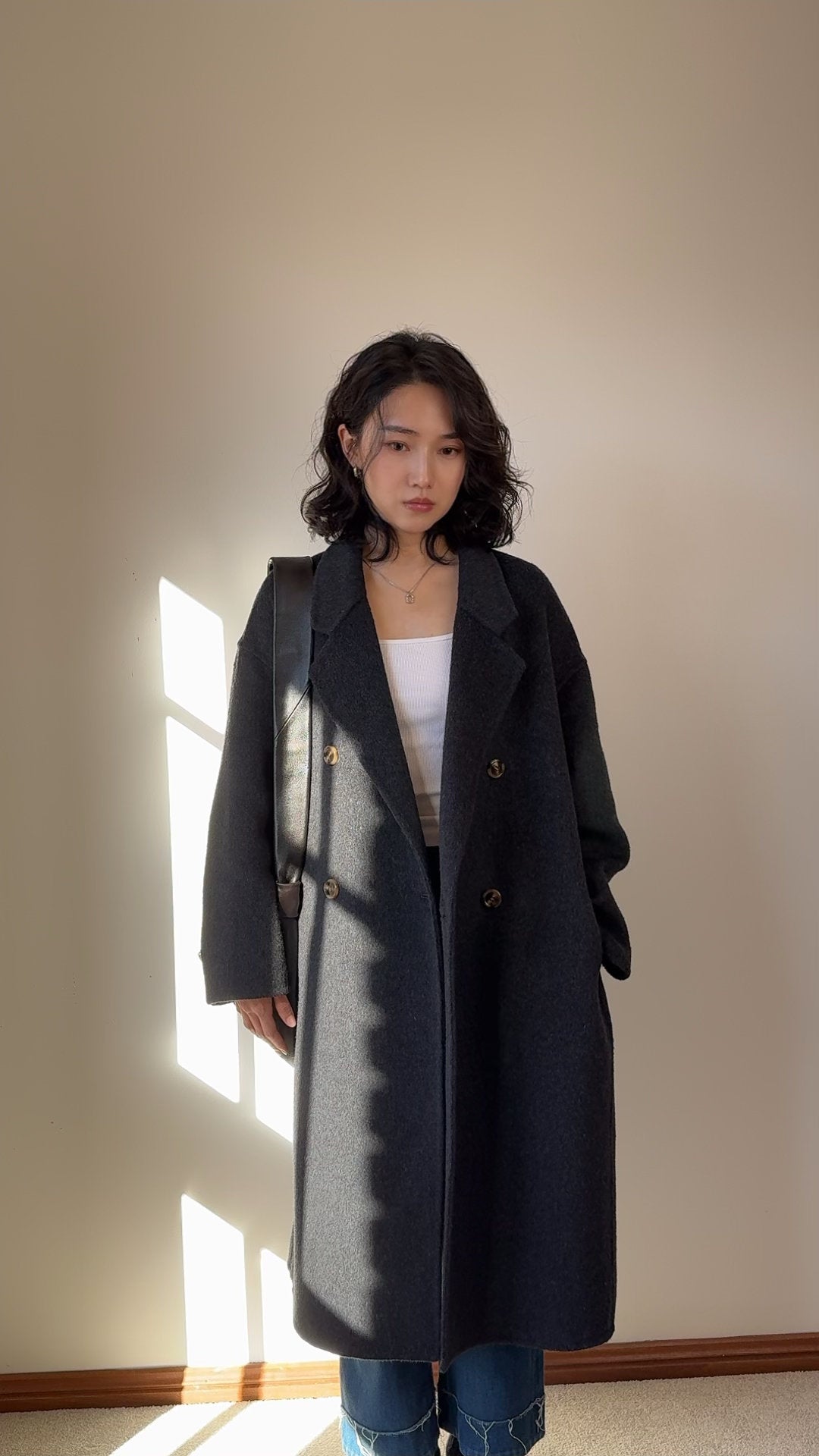 100% Wool Double Breasted Grey Coat Unisex, Oversized Long Tailored Winter Overcoat